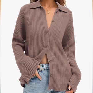 Elegant Brown Ribbed Cardigan